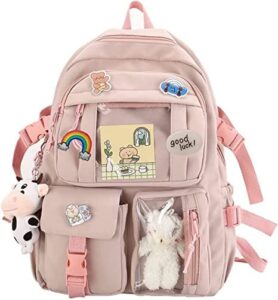 lieei backpack with cute pins and plush pendant for teen girls school large capacity waterproof school bag bookbag backpacks (pink-2)