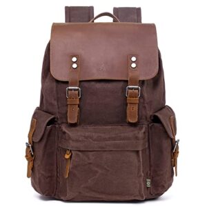 tsd brand waxed canvas leather backpack vintage laptop backpack, water resistant college school business computer bag , shoulder rucksack outdoor hiking travel casual daypack for men women(brown)
