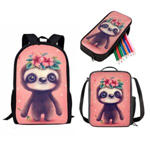 poceacles cute sloth print children school backpack set with lunch box and pencil case, girls bookbag casual daypack, 3pcs school supplies