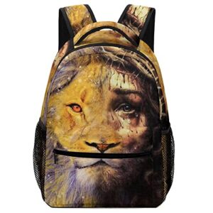 jesus and lion perfect combination religious pattern backpack cute bookbag cartoon travel backpack schoolbag for boys girls student with chest strap