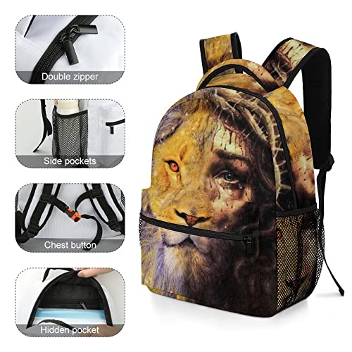 Jesus And Lion Perfect Combination Religious Pattern Backpack Cute Bookbag Cartoon Travel Backpack Schoolbag for Boys Girls Student with Chest Strap