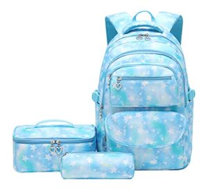 jiayou school backpack sets 3pcs stars prints daypack for teens girls primary school students(blue stars,22 liters)