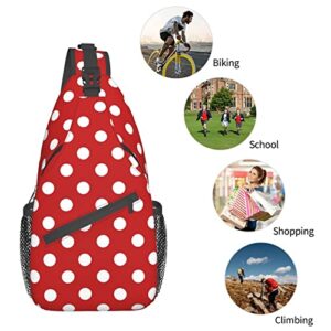 Cute Red White Polka Dot Sling Backpack,Travel Hiking Daypack Crossbody Shoulder Bag for Women Men Girls Boys