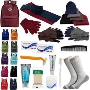 bulk case of 12 backpacks and 12 winter item sets and 12 toiletry kits and 12 socks – wholesale care package – emergencies, homeless, charity