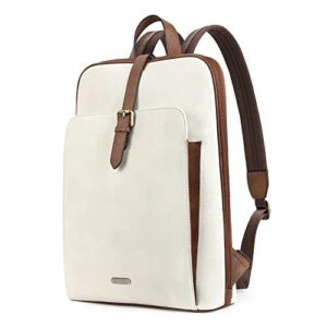 cluci leather 15.6 inch laptop backpack purse for women stylish laptop bag work computer backpack college bookbag off-white with brown