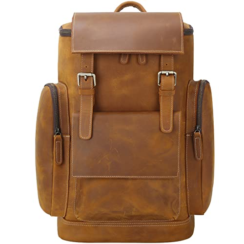 Masa Kawa Leather Backpack for Men 15.6 Inch Laptop Large Capacity Vintage College School Bag Hiking Daypack