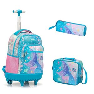 vlive rolling backpack set for girls, wheeled kid backpack w/lunch bag & pencil case, 20 inch (mermaid)