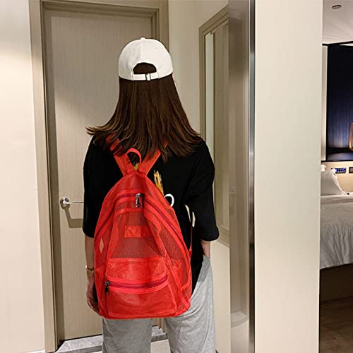 KOWVOWZ Clear Semi Transparent See Through Heavy Duty Mesh Backpack with Adjustable Padded Straps (Red)