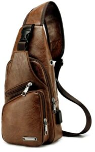 esleto men’s sling bag chest shoulder backpack waterproof crossbody bag with usb charging port for travel hiking (brown)