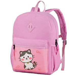 kasqo kids backpack, 14″ toddler backpack for little boys and girls kindergarten preschool bookbag with chest strap, pink kitty
