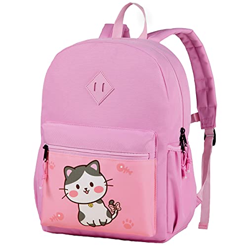 Kasqo Kids Backpack, 14" Toddler Backpack for Little Boys and Girls Kindergarten Preschool Bookbag With Chest Strap, Pink Kitty