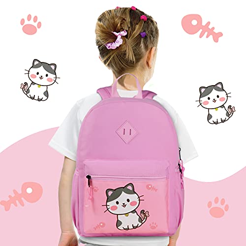 Kasqo Kids Backpack, 14" Toddler Backpack for Little Boys and Girls Kindergarten Preschool Bookbag With Chest Strap, Pink Kitty