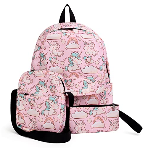 UTO Girls Backpack for School Cute Unicorn Crossbody Bag Set Bookbag for Teen Student Schoolbag Children Kids Daypack 3 PCS