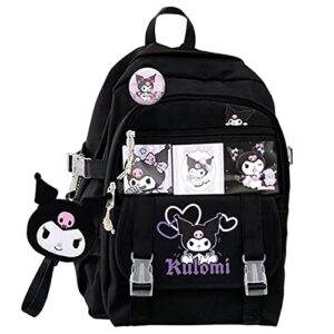 tomyeus ku-romi backpack school bag, kawaii backpack for girls with cute pin, large cute bag school for girl 12-14, new term gift,black