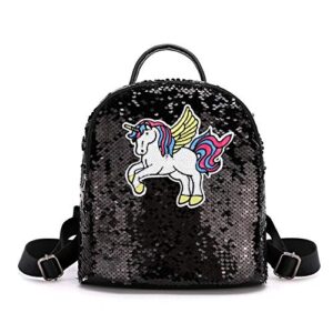 sikiwind glitter sequins backpack girls cartoon travel colorful shoulder bag (black)