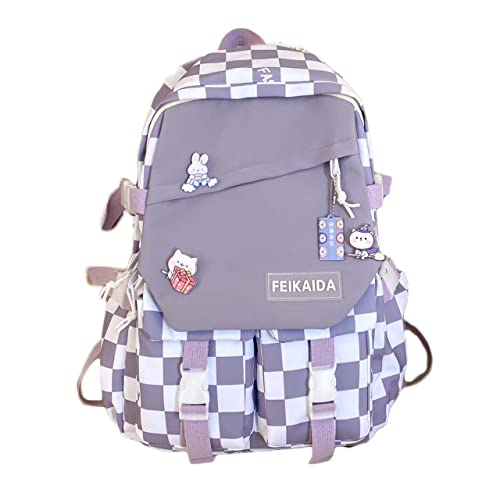 Grunge Aesthetic Backpack Checkered School Bag Harajuku Laptop Backpack for Women Large Capacity School College Backpack (Purple, One Size)