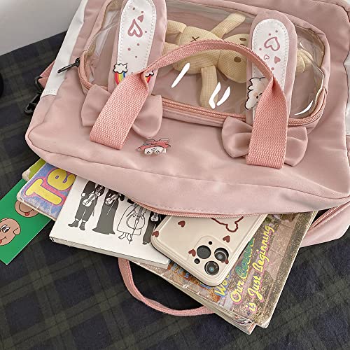 AZURAOKEY Kawaii Canvas School Backpack with Pendant, Korean Student Schoolbag Japanese Nylon Backpack Girl Travel Totes Shoulder Bags Back to School Off to College Supplies (Pink)