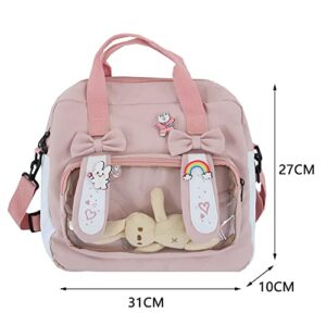 AZURAOKEY Kawaii Canvas School Backpack with Pendant, Korean Student Schoolbag Japanese Nylon Backpack Girl Travel Totes Shoulder Bags Back to School Off to College Supplies (Pink)