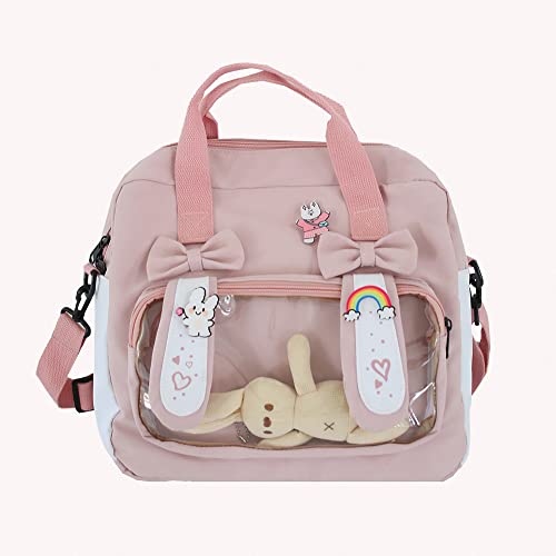 AZURAOKEY Kawaii Canvas School Backpack with Pendant, Korean Student Schoolbag Japanese Nylon Backpack Girl Travel Totes Shoulder Bags Back to School Off to College Supplies (Pink)