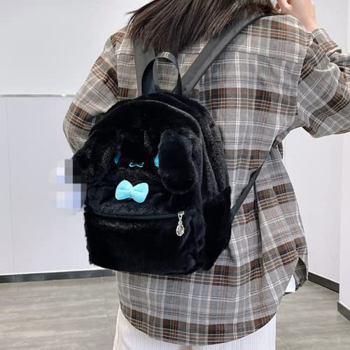 Kawaii fluffy plush fuzzy cute aesthetic backpack teenage school gift for birthday Christmas Winter (black)