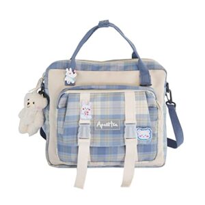 kawaii backpack with kawaii pin and bear plush mini cute japanese school bag anime shoulder bag (blue)