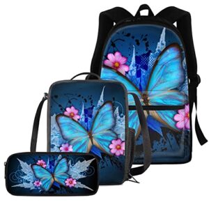 BIGCARJOB Blue Butterflys School Backpack 3 in 1 Bookbags with Lunch Kit Pencil Case for Women Girls