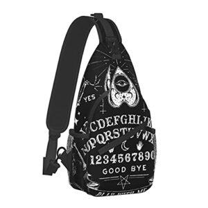 men’s casual crossbody bags vintage skeleton magic ouija board black backpack for cycling and travel, fashion sling shoulder backpack with zipper pocket for hiking outdoor activities