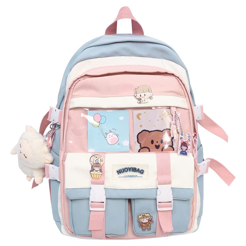 Kawaii Aesthetic Back to School Backpack with Lovely Pins and Accessories for Girls and Boys in 5 Colors (Blue)