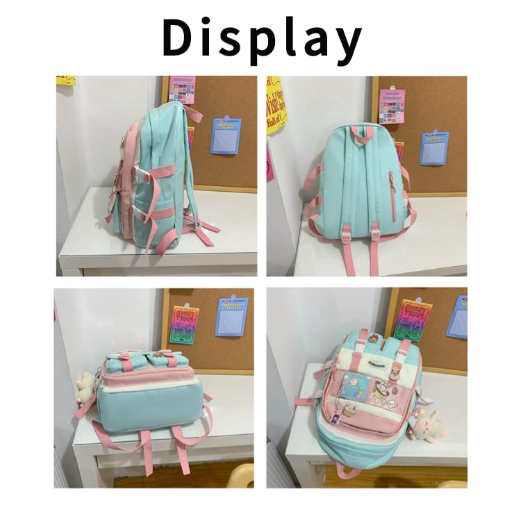 Kawaii Aesthetic Back to School Backpack with Lovely Pins and Accessories for Girls and Boys in 5 Colors (Blue)