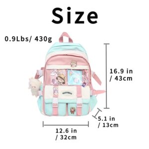 Kawaii Aesthetic Back to School Backpack with Lovely Pins and Accessories for Girls and Boys in 5 Colors (Blue)