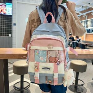 Kawaii Aesthetic Back to School Backpack with Lovely Pins and Accessories for Girls and Boys in 5 Colors (Blue)