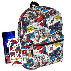 marvel spiderman backpack for boys girls kids — 2 pc bundle with 16″ marvel comics spiderman school backpack bag with stickers (spiderman school supplies)