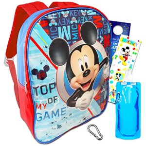 fast forward mickey mouse backpack for kids – 16” mickey mouse backpack with stickers, mickey water pouch, backpack clip and more | mickey mouse school bag