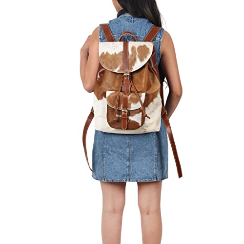 SH SHIFAA HANDICRAFT Leather Backpack Purse for Women & Men Travel Rucksack Hiking School Tote Bag Large 16 Inches Shoulder Laptop Bag Cowhide Hair-on Leather Bag