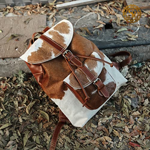 SH SHIFAA HANDICRAFT Leather Backpack Purse for Women & Men Travel Rucksack Hiking School Tote Bag Large 16 Inches Shoulder Laptop Bag Cowhide Hair-on Leather Bag
