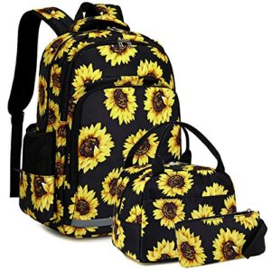 school backpacks girls sunflower bookbag water-resistant schoolbag kids insulation lunch bag and pencil case (sunflower – black)