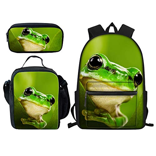 Beauty Collector Designer Frog Backpack Bookbags Set for School Cute Lunch Bag, Pencil Case and Big Backpacks