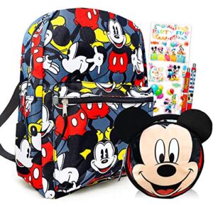 disney mickey mouse backpack with lunch box bundle ~ deluxe 16″ all-over print mickey school bag with insulated lunch bag, pens, and stickers (mickey mouse school supplies)