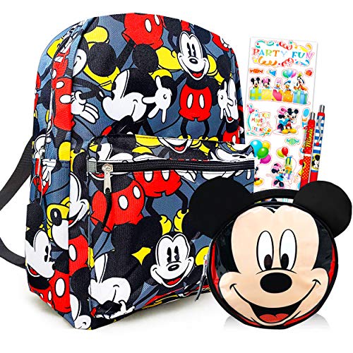 Disney Mickey Mouse Backpack with Lunch Box Bundle ~ Deluxe 16" All-Over Print Mickey School Bag with Insulated Lunch Bag, Pens, and Stickers (Mickey Mouse School Supplies)