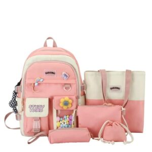 5pcs kawaii backpack set for school, cute aesthetic backpack with kawaii pin and accessories bookbags for school teens (pink1)