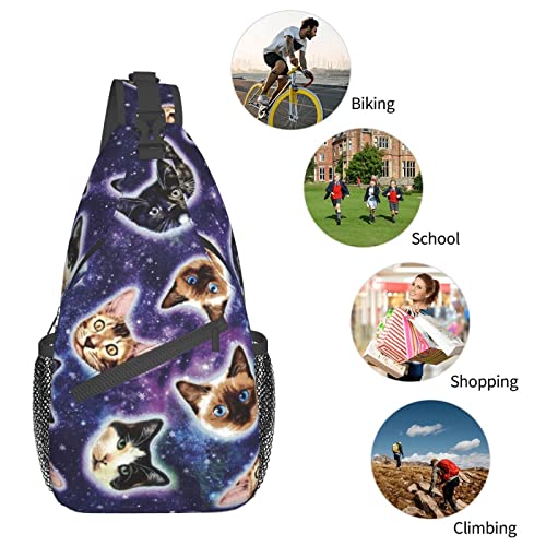 Fashion Sling Backpack, Daypack, Galaxy Cats Heads Art Crossbody Rope Chest Rucksack, Tote Bags, Gym Bags Sack Daypack Outdoor Backpack for Man Women Lady Girl Teens