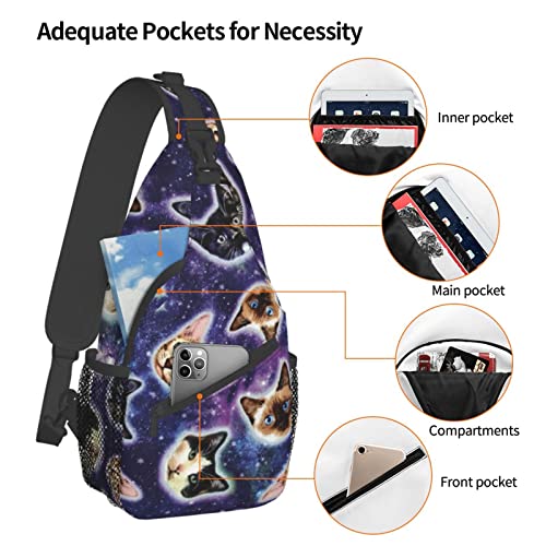 Fashion Sling Backpack, Daypack, Galaxy Cats Heads Art Crossbody Rope Chest Rucksack, Tote Bags, Gym Bags Sack Daypack Outdoor Backpack for Man Women Lady Girl Teens