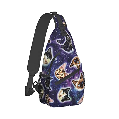 Fashion Sling Backpack, Daypack, Galaxy Cats Heads Art Crossbody Rope Chest Rucksack, Tote Bags, Gym Bags Sack Daypack Outdoor Backpack for Man Women Lady Girl Teens