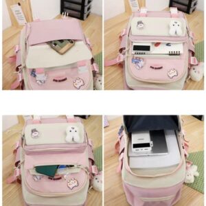 Kawaii Anime Canvas School Backpack 5Pcs Combo Set with Cute Bear Pendant and Pins Aesthetic Essential Kit Laptop Schoolbag (Pink)