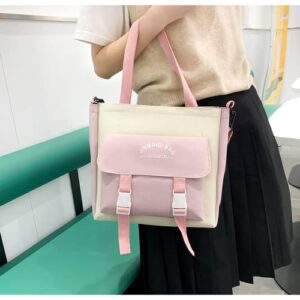 Kawaii Anime Canvas School Backpack 5Pcs Combo Set with Cute Bear Pendant and Pins Aesthetic Essential Kit Laptop Schoolbag (Pink)