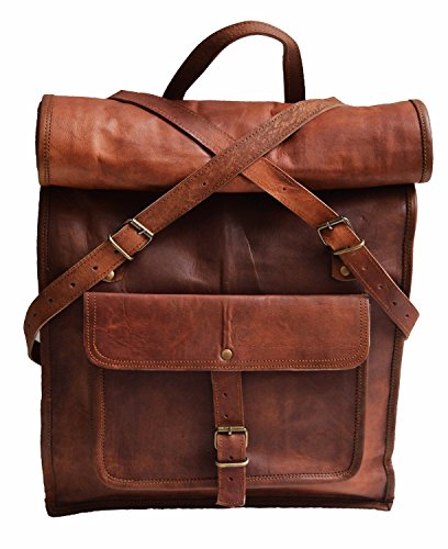 jaald 23" Brown Leather Backpack Vintage Rucksack Laptop Bag Water Resistant Roll Top College Bookbag Comfortable Lightweight Travel Hiking/picnic For Men