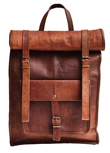 jaald 23" Brown Leather Backpack Vintage Rucksack Laptop Bag Water Resistant Roll Top College Bookbag Comfortable Lightweight Travel Hiking/picnic For Men