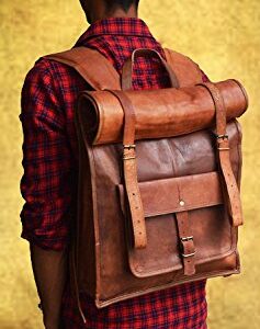 jaald 23" Brown Leather Backpack Vintage Rucksack Laptop Bag Water Resistant Roll Top College Bookbag Comfortable Lightweight Travel Hiking/picnic For Men