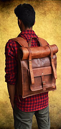 jaald 23" Brown Leather Backpack Vintage Rucksack Laptop Bag Water Resistant Roll Top College Bookbag Comfortable Lightweight Travel Hiking/picnic For Men