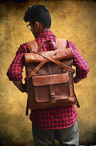 jaald 23" Brown Leather Backpack Vintage Rucksack Laptop Bag Water Resistant Roll Top College Bookbag Comfortable Lightweight Travel Hiking/picnic For Men